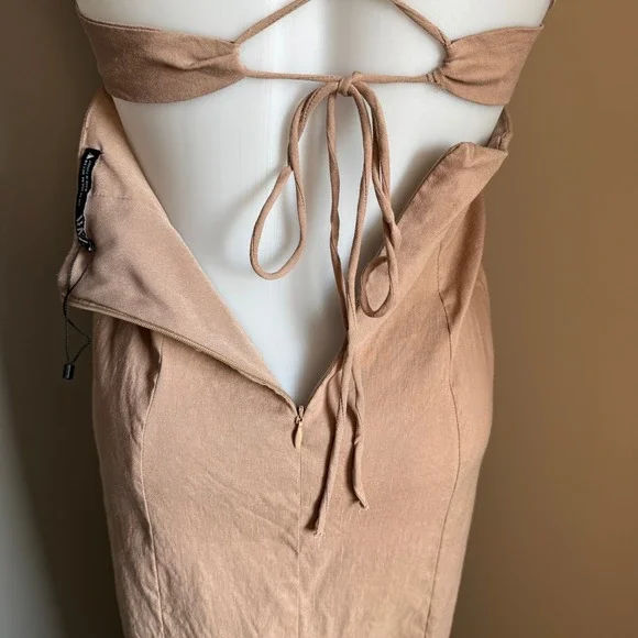 Zara Lattice Tie Back Linen Blend Midi Dress Beige/Tan Medium High Slit Cocktail - Picture 8 of 16